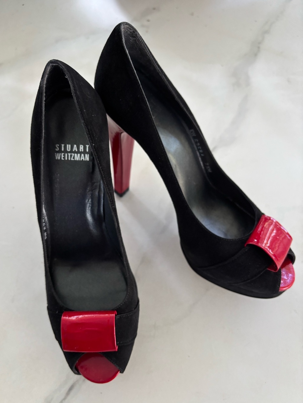 Stuart Weitzman Suede Peep Toe Pumps Black Cherry Red Patent Leather Heels 7.5